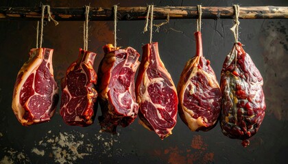 Hanging cuts of meat in a dark space during a butchering demonstration event in a local butcher shop