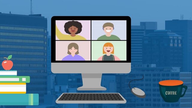 Composition of white at multiple email icons on screen over blue houses