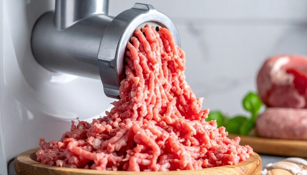 Ground meat is coming out of a meat grinder in a kitchen setting during the daytime