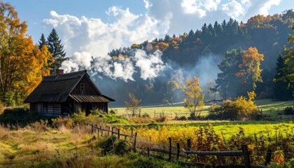 Smoke rises from a cabin in a forest during autumn in the countryside with colorful leaves and blue sky