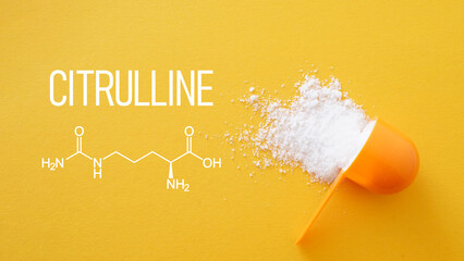 Citrulline Malate Powder Supplement Concept with Sports Nutrition Background and Copy Space. Pre-Workout Pump and Endurance