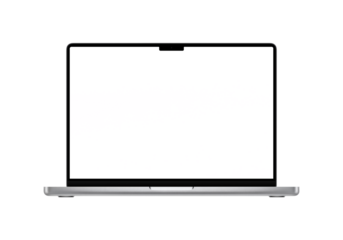 Silver ultrabook or laptop mockup template. No background  PNG. White blank screen. 
