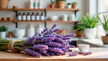 Elegant lavender bunches drying in a bright kitchen  , aromatic beauty