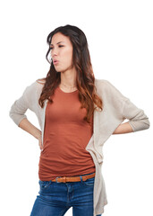 Fototapeta premium Upset, woman and back pain in studio from fatigue, health issue or medical problem with inflammation. Unhappy, female person and spine discomfort with injury, strain or scoliosis on white background.