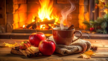 Fototapeta premium Fresh ripe red apples and a juicy beverage in a glass create a healthy still life with candles on a white table for a delicious organic breakfast