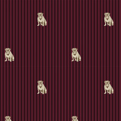 Classic seamless pattern with detailed illustration of a sitting bulldog on striped background.