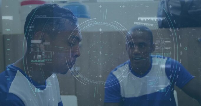 Animation of scope scanning and data processing over diverse male football players in changing room