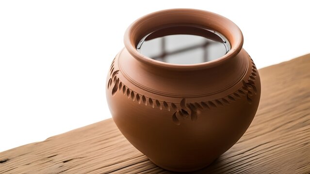 Traditional terracotta pot filled with water on a rustic wooden table against a white background