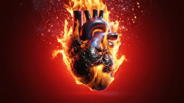 A burning anatomical heart on fire with flames and sparks on a dark background, symbolizing passion, love, or cardiovascular health issues