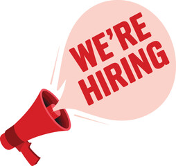 We&rsquo;re hiring megaphone badge, minimal recruitment announcement icon for job openings, career promotion and hiring campaigns, vector illustration
