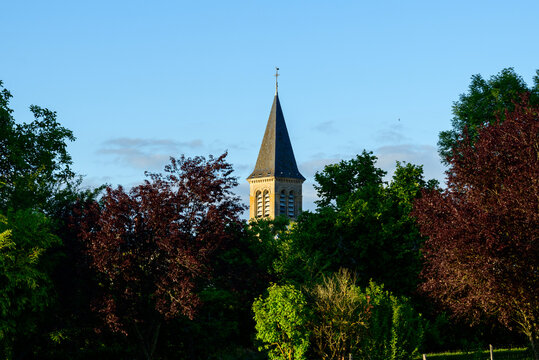 A tall church steeple emerges from dense green and burgundy trees under a clear blue sky in Saint-Honore-les-Bains, capturing a peaceful rural atmosphere.