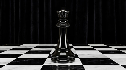 A solitary black Queen piece sits centered on a checkered Chess Board against a dark, brooding backdrop. The scene evokes a feeling of power and strategic contemplation.