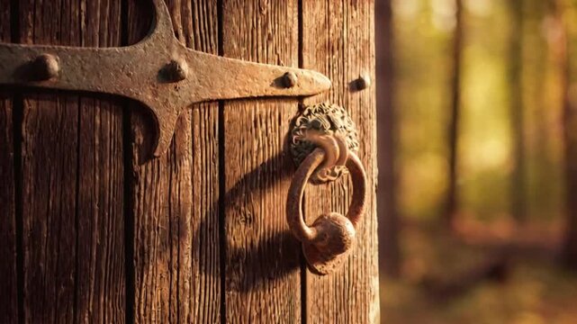 A rustic wooden door with a metal knocker in a forest setting, with sunlight filtering through trees