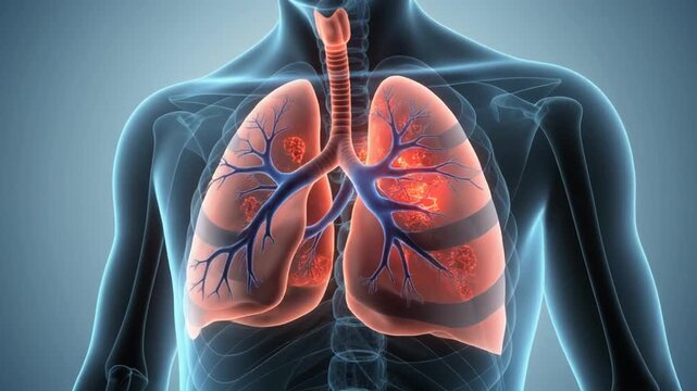 Human torso with illuminated lungs and bronchi, showcasing internal anatomy against a gradient blue background, possibly for educational or medical use