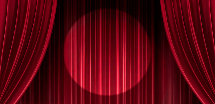 Red velvet theater curtain draped elegantly across a stage under a bright spotlight provides a theatrical fabric backdrop for Nightclub or cabaret show presentation and luxurious work with performing