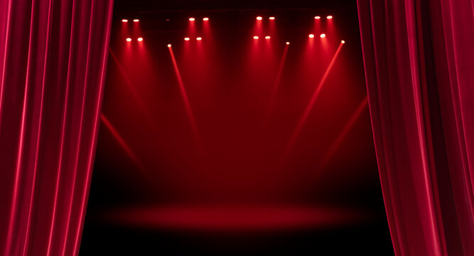 Open the curtain for a stage performance. velvet red stage curtain backdrop with a bright spotlight for a theater cinema show or luxury entertainment event performance