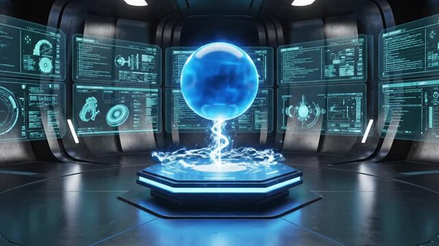 Futuristic laboratory interior with glowing blue power button activating on a control panel, surrounded by screens and machinery, with electric sparks flying around