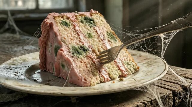 Slice of moldy pink cake with a fork on a dusty wooden surface, illustrating faded love and decay