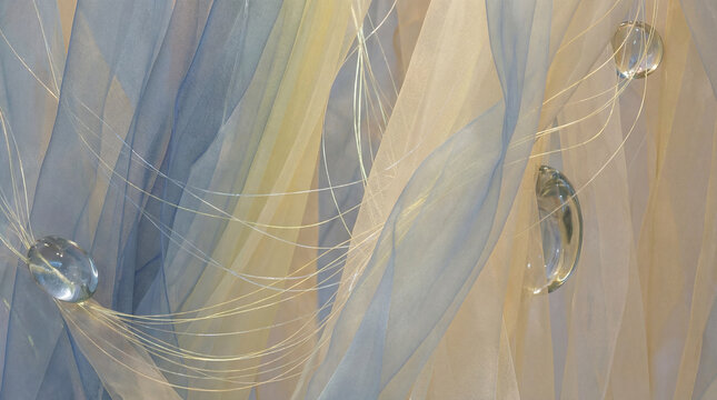 Translucent blue and cream fabrics billow, interwoven with gossamer threads. Crystal orbs, like frozen teardrops, dangle ethereally, catching light in a shimmering display.