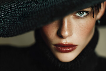 Focused gaze from freckled face under shadowed hat with green eyes and red lipstick. A moody, editorial portrait with contrast and emotional intensity.