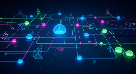 Futuristic digital network with glowing nodes and neon connections in dark cyber space