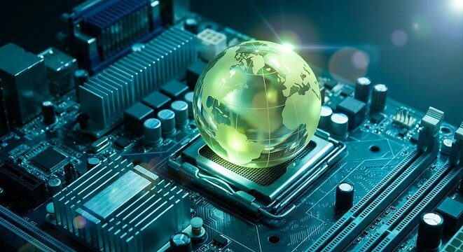 A computer motherboard with a glowing green globe centered on a cpu socket symbolizing global technology and innovation in a futuristic digital landscape for business and communication networks - Powered by Adobe