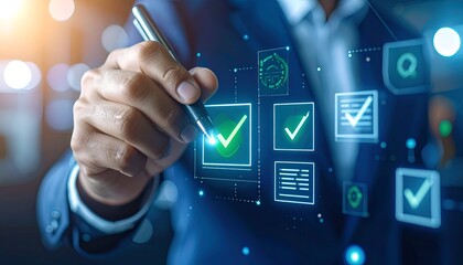 A hand uses a pen to select a virtual checkmark