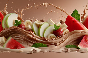 A dynamic composition featuring slices of green apple, banana, watermelon, and whole strawberries swirling in a splash of chocolate milk. 