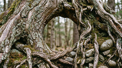 Sunlight illuminates the forest behind a weathered tree. The tree's roots and trunk form a natural circular frame, revealing the greenery beyond.