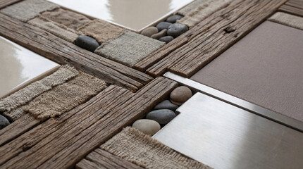 Close up view of a stylish tabletop. It features a medley of rustic wood, burlap squares, smooth river stones, and polished metal elements.