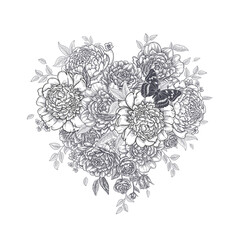 Peonies and butterfly. Valentine's Day card with heart shaped flowers.  Floral Vintage graphics. Vector. © marinavorona