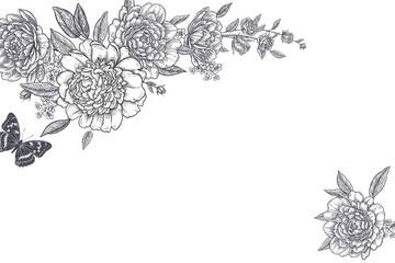 Blooming peonies and a butterfly. Floral border. Greeting card. Vintage. Vector.