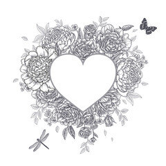 Flower heart. Valentine's Day card. Peonies, butterfly and dragonfly. Vector. © marinavorona