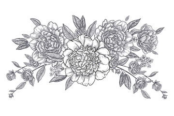 Peonies and leaves. Floral garland. Vintage graphic card. Vector.