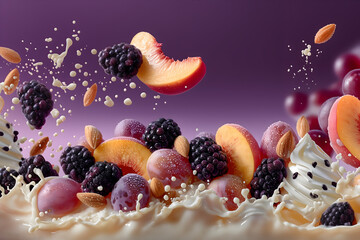 Peaches, blackberries, grapes, and almonds swirl above whipped cream in a vibrant splash scene with purple tones and rich textures.