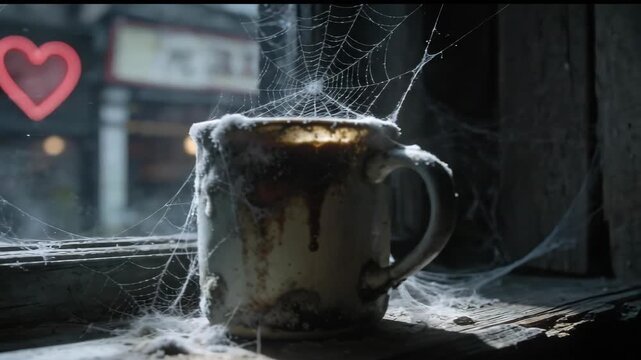 Dusty coffee mug covered in cobwebs by a window with a glowing heart sign. Concept of loneliness and faded love.