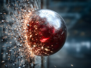 A red sphere crashes into a wall, scattering debris and sparks. A vivid depiction of kinetic energy and material stress.