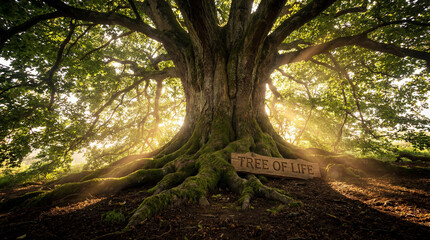 Sunlight streams through the leaves of a massive, ancient tree. Mossy roots sprawl across the ground, adorned with a wooden sign that reads Tree of Life.
