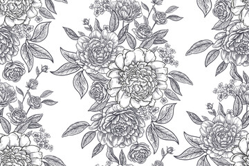 Baroque peonies. Seamless pattern. Black and white floral background.