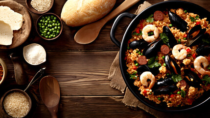 Large pan of seafood paella with shrimp, mussels, chorizo, and vegetables. Surrounded by fresh ingredients in a warm, traditional setting.