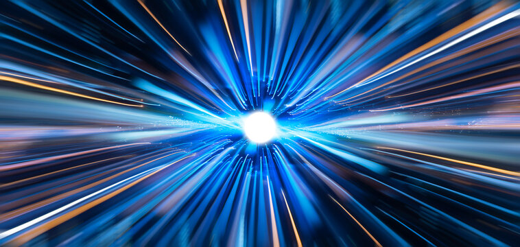 Light trail bright-blue energy burst creates a motion blur effect with star light beams and a laser glow pattern for a modern abstract wallpaper design