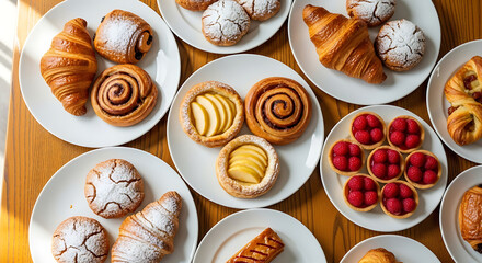 Assortment of freshly baked pastries and desserts on white plates.