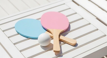 Wooden beach paddles set with pink and blue colors, summer holiday beach paddles game on white table, pastel beach paddles equipment concept.
