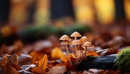 Tiny Mushrooms Sprout From Forest Floor Covered In Autumn Leaves