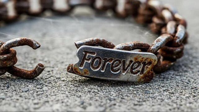 Rusted metal bracelet with forever text on concrete, a symbol of broken promises or separation. Faded love and loneliness concept.