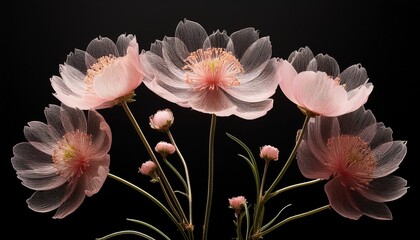 Four Delicate Pink Flowers On Long Stems Against A Black Background Each Flower Displays Clusters Of Small Petal Like Blooms The Stems Are Thin And Light Colored