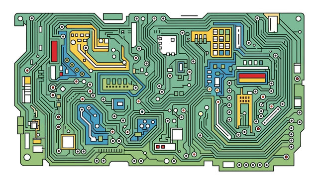 Colorful electronic circuit board with intricate patterns and components