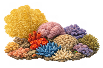 Colorful coral reef life showing marine biodiversity, tropical habitat, and sea nature on a transparent background