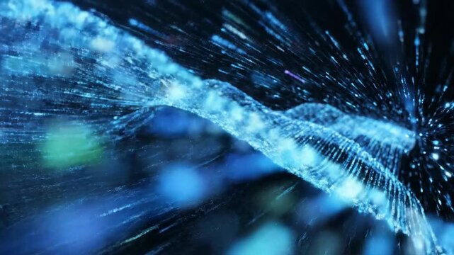 Abstract blue data stream flowing across a dark background, resembling digital waves and glowing particles