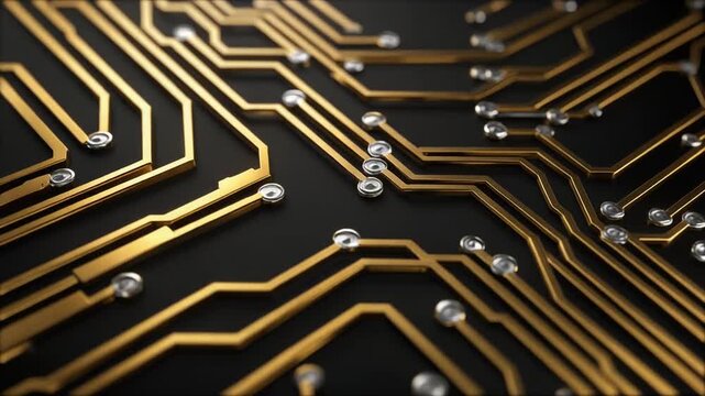 Close-up of gold circuit board with silver soldering points on a black background, showcasing electronic components, for technology or engineering uses